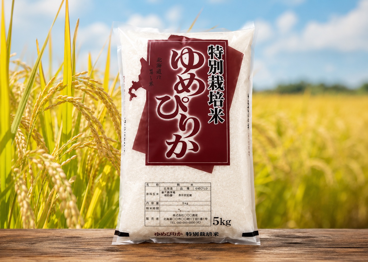 特別栽培米ゆめぴりか 5kg のパッケージ。北海道産、稲穂を背景に。